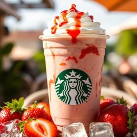 A vibrant Starbucks Strawberry Frappuccino topped with fluffy whipped cream and fresh strawberry drizzle, served in the signature Starbucks cup.