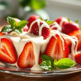 A bowl of White Chocolate Strawberry Cream, featuring smooth, creamy white chocolate topped with fresh, vibrant strawberries and a drizzle of chocolate sauce.