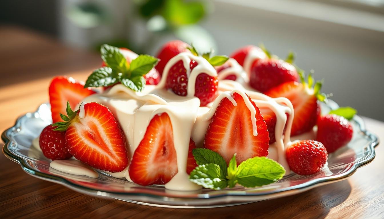 A bowl of White Chocolate Strawberry Cream, featuring smooth, creamy white chocolate topped with fresh, vibrant strawberries and a drizzle of chocolate sauce.