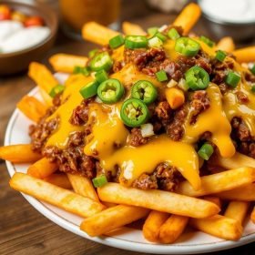 Beef Chili Cheese Fries served hot and fresh, featuring crispy golden fries topped with hearty beef chili, gooey melted cheese, and fresh scallions.