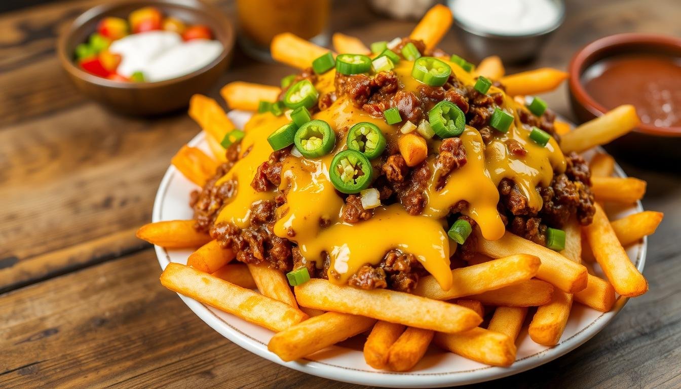 Beef Chili Cheese Fries served hot and fresh, featuring crispy golden fries topped with hearty beef chili, gooey melted cheese, and fresh scallions.