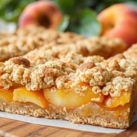 Cinnamon Peach Crumble Bars with golden, buttery crumble layers and a juicy peach filling, topped with a dusting of cinnamon for a sweet finish.