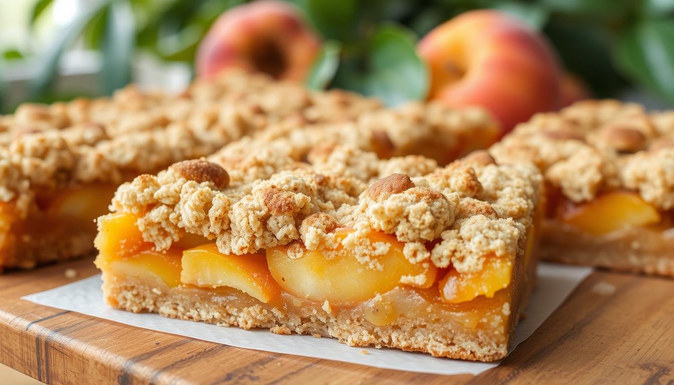 Cinnamon Peach Crumble Bars with golden, buttery crumble layers and a juicy peach filling, topped with a dusting of cinnamon for a sweet finish.