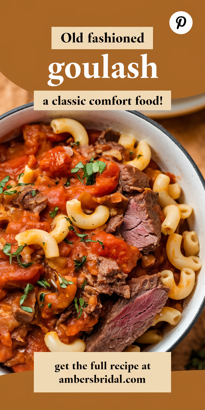 Close-up of traditional old fashioned goulash showcasing tender beef, vegetables, and a rich tomato sauce.
