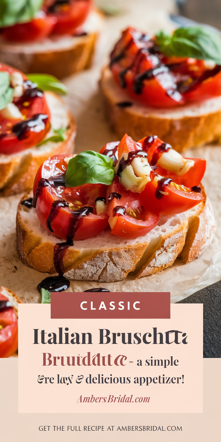 Fresh classic Italian bruschetta recipe with juicy tomato chunks, fragrant basil, and a touch of extra virgin olive oil on grilled ciabatta slices