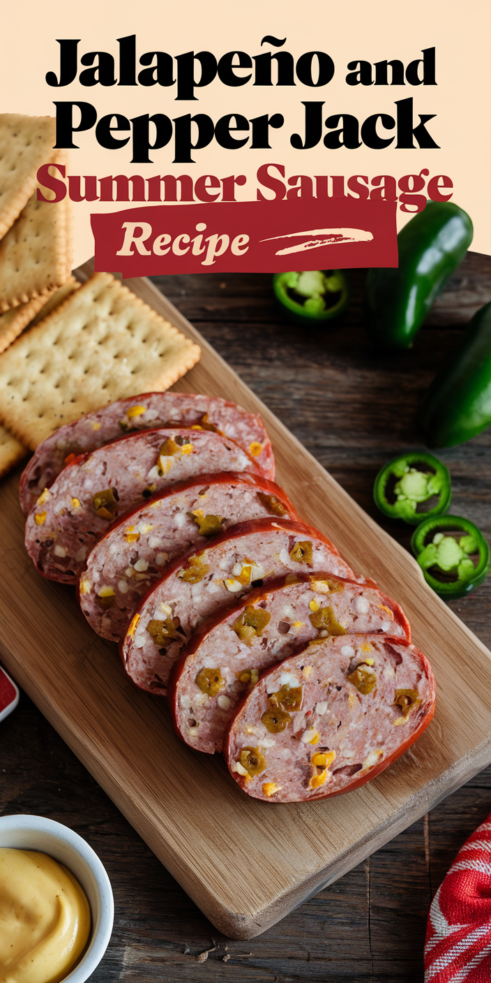 Spicy jalapeño and pepper jack summer sausage recipe sliced and arranged on a wooden board.