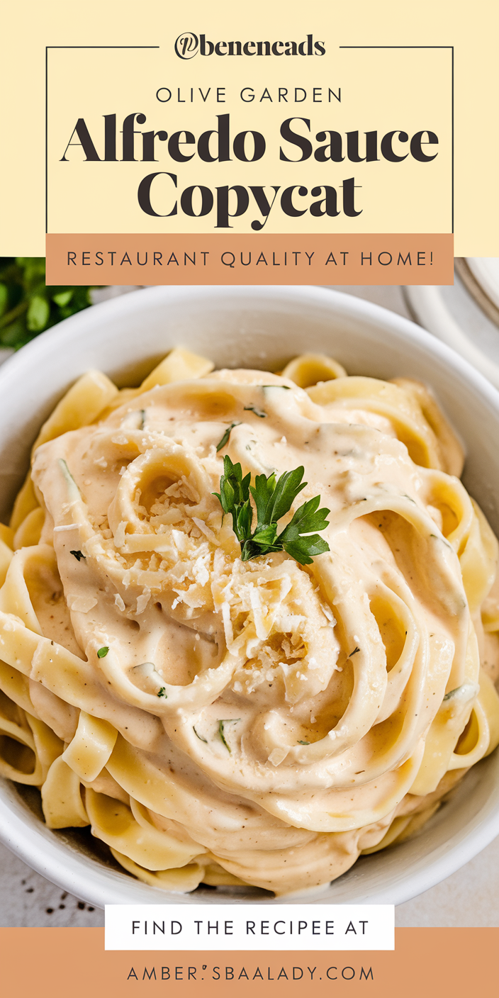 Creamy Olive Garden Alfredo Sauce copycat served over fettuccine pasta and garnished with fresh parsley.