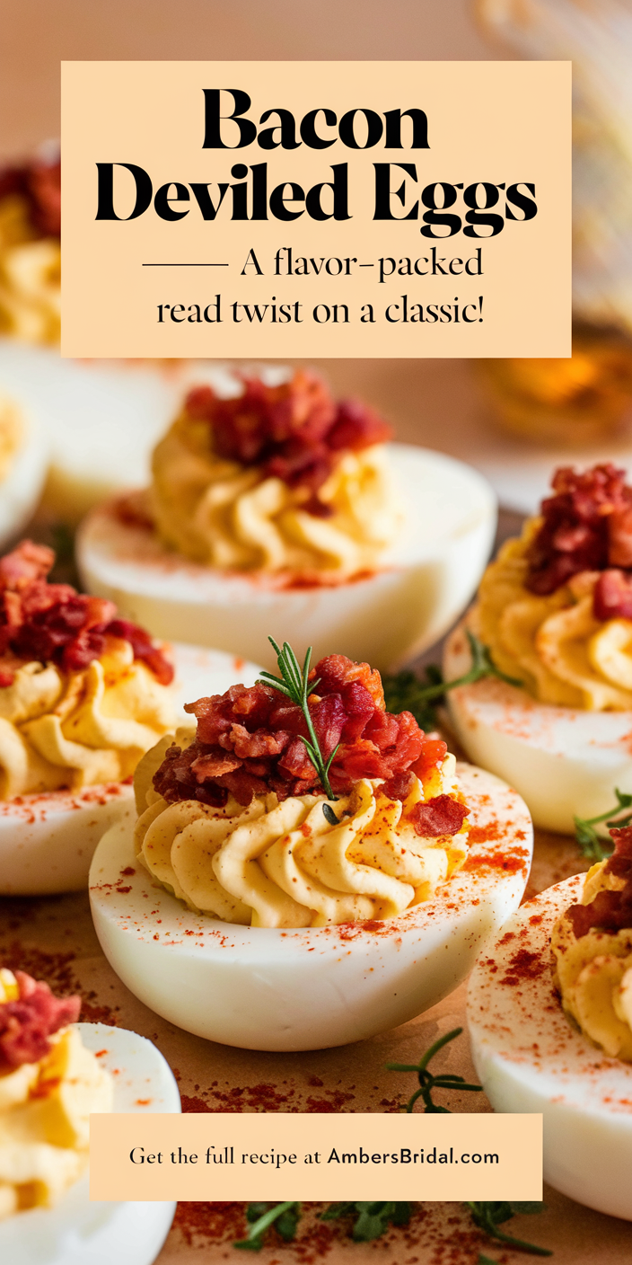 Homemade bacon deviled eggs recipe arranged on a decorative platter with fresh chives.