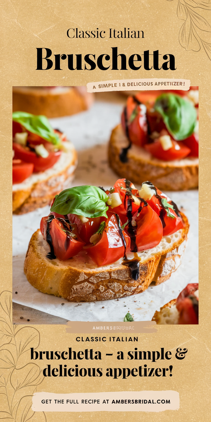Homemade classic Italian bruschetta recipe served on a rustic wooden board with a side of balsamic glaze for dipping