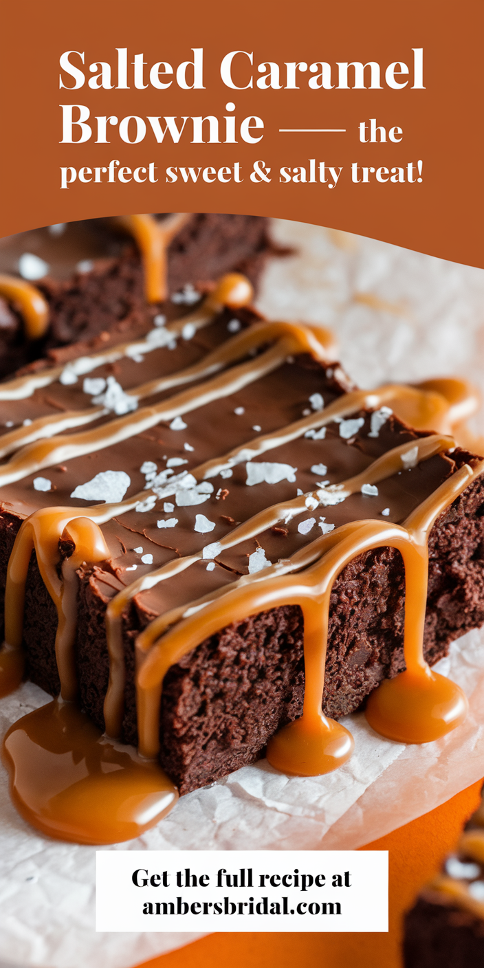 Homemade salted caramel brownie served on a white plate with a dollop of whipped cream