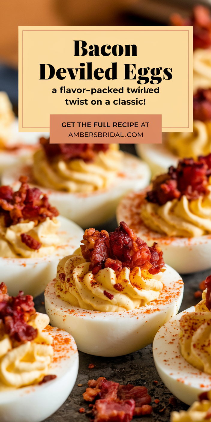 Close-up of bacon deviled eggs recipe showcasing creamy yolk filling and crispy bacon garnishes.