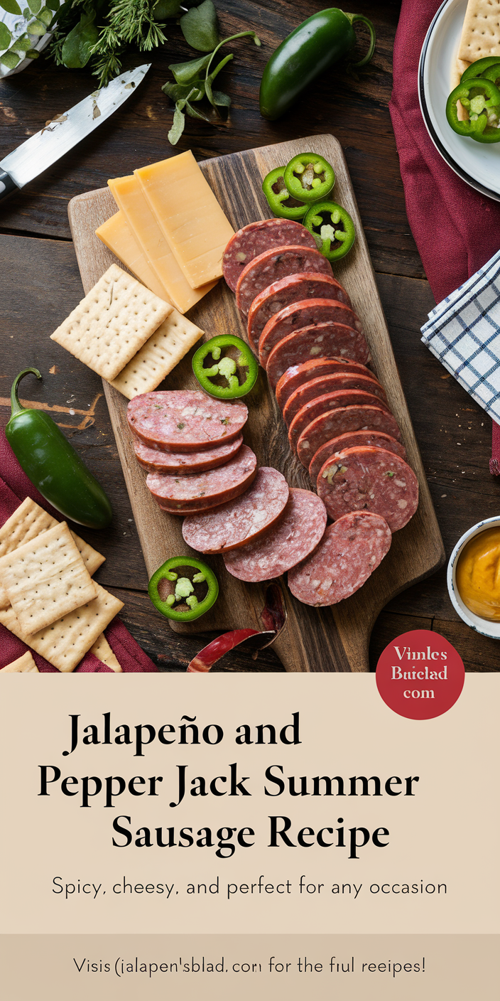 Close-up of homemade jalapeño and pepper jack summer sausage recipe showcasing its vibrant green jalapeños and creamy cheese.