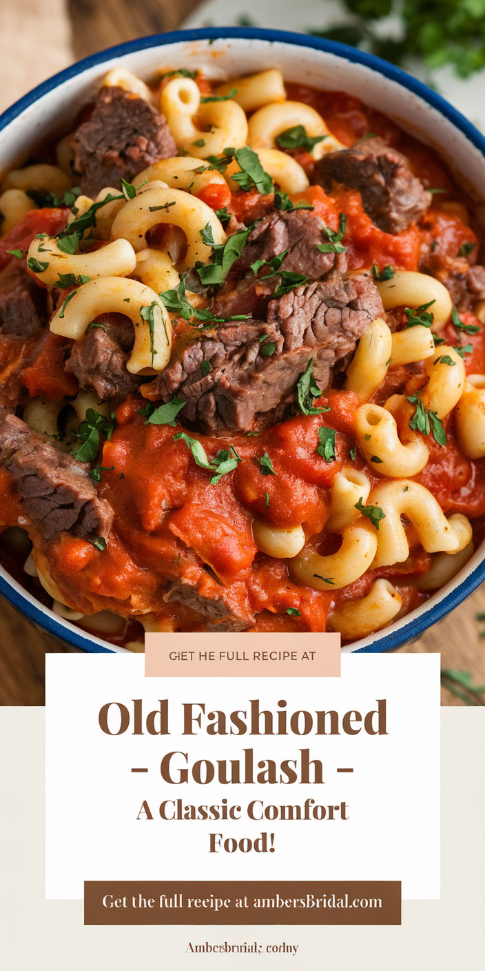 Hearty old fashioned goulash served in a deep bowl, topped with a sprinkle of fresh parsley