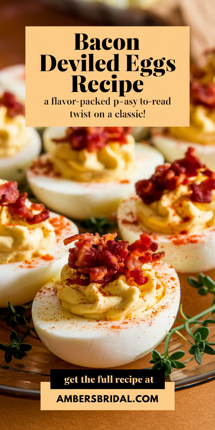 Delicious bacon deviled eggs recipe topped with crispy bacon bits and a sprinkle of paprika