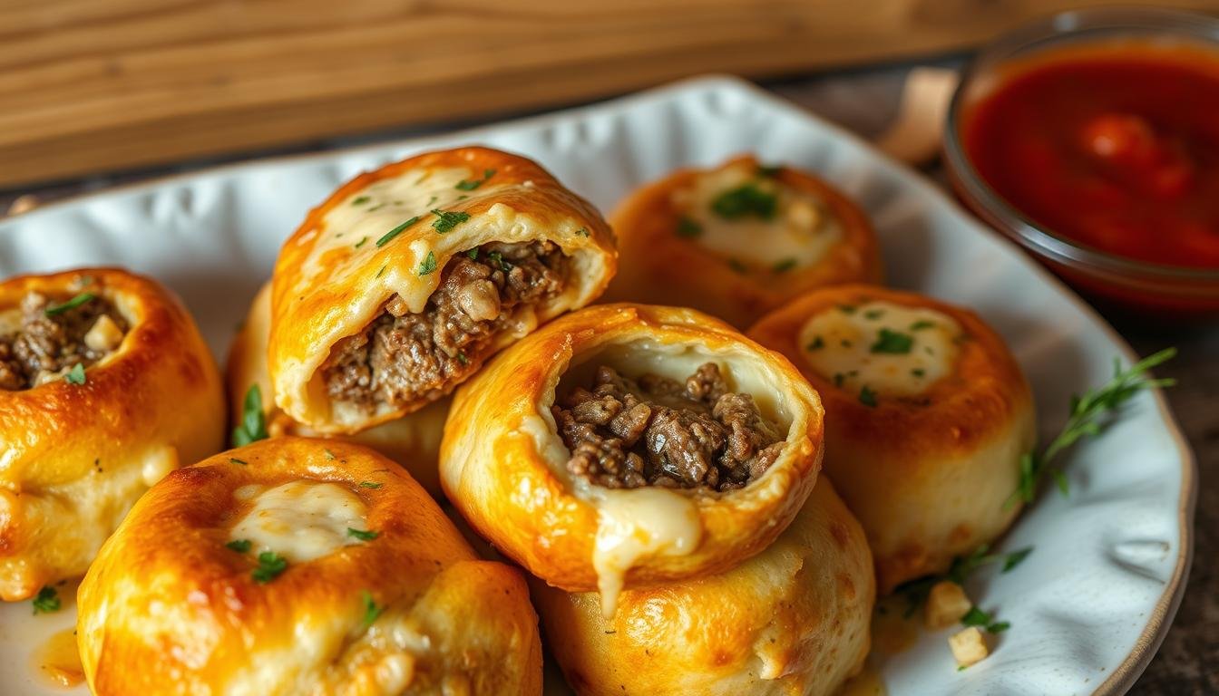 A plate of Cheesy Beefy Rolls, golden and crispy on the outside, with melted cheese and savory beef filling peeking through.