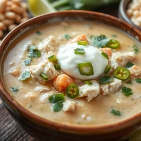A steaming bowl of White Chicken Chili Recipe, filled with tender shredded chicken, white beans, and a creamy, spiced broth topped with fresh cilantro.
