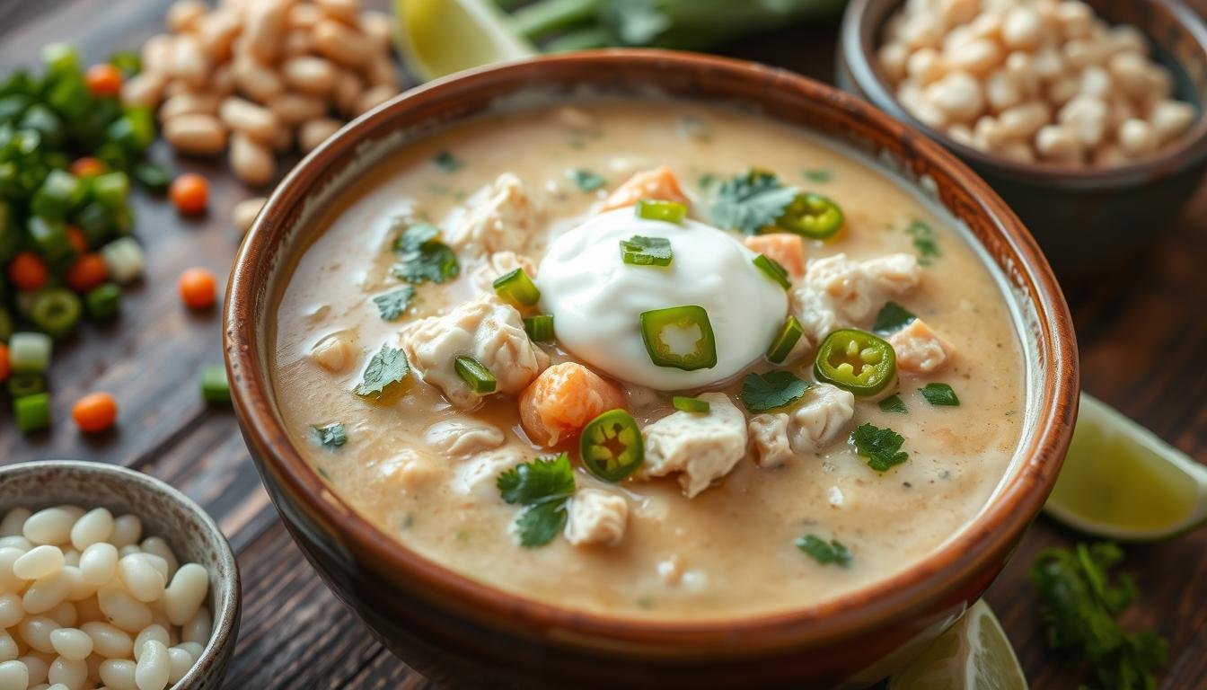 A steaming bowl of White Chicken Chili Recipe, filled with tender shredded chicken, white beans, and a creamy, spiced broth topped with fresh cilantro.