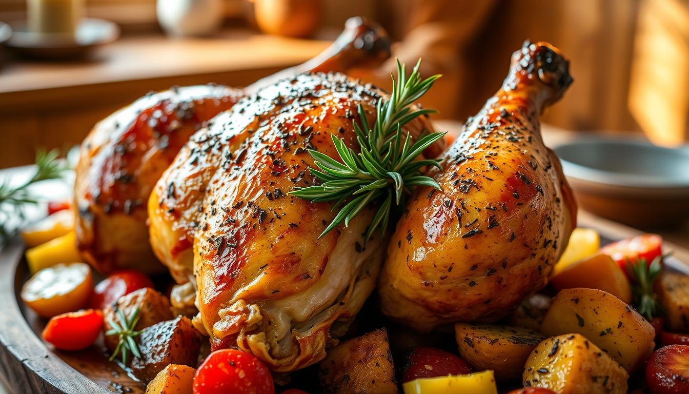 Crispy Oven Roasted Leg Quarters with golden-brown skin, garnished with fresh rosemary and served on a rustic wooden platter.