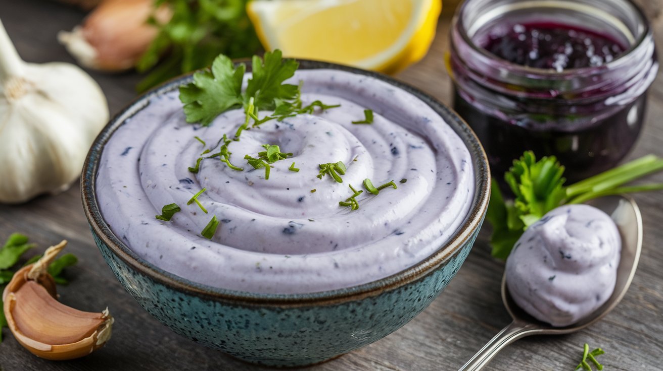 Freshly made Blue Jam Garlic Aioli in a small ceramic bowl, with a creamy texture and purple tint, showcasing the unique flavors of the Blue Jam Garlic Aioli Recipe.