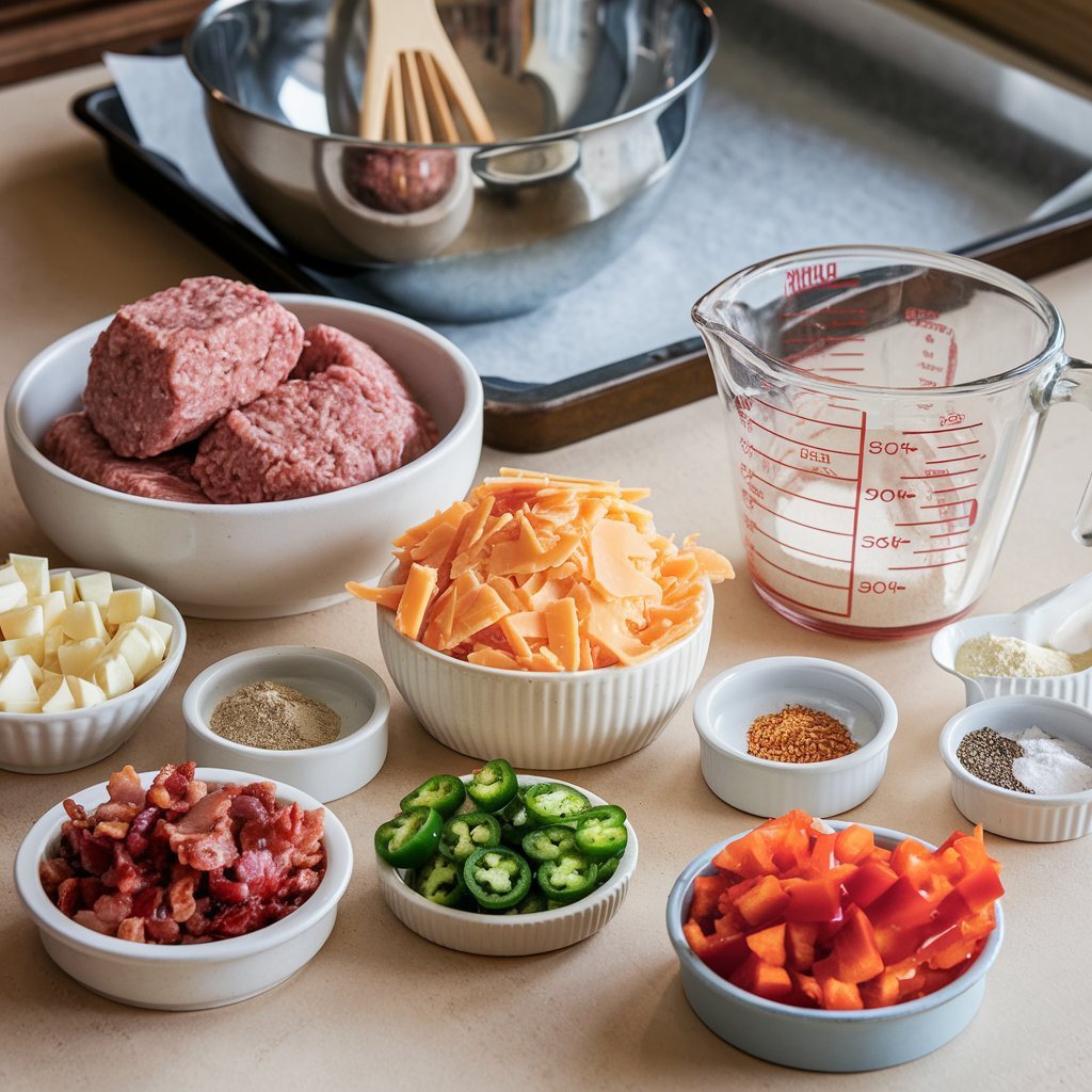 Spicy jalapeño pepper jack sausage balls baked to perfection and served on a rustic wooden platter.