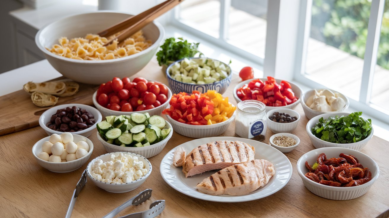 Layered pasta salad recipe served in individual jars for an elegant presentation.