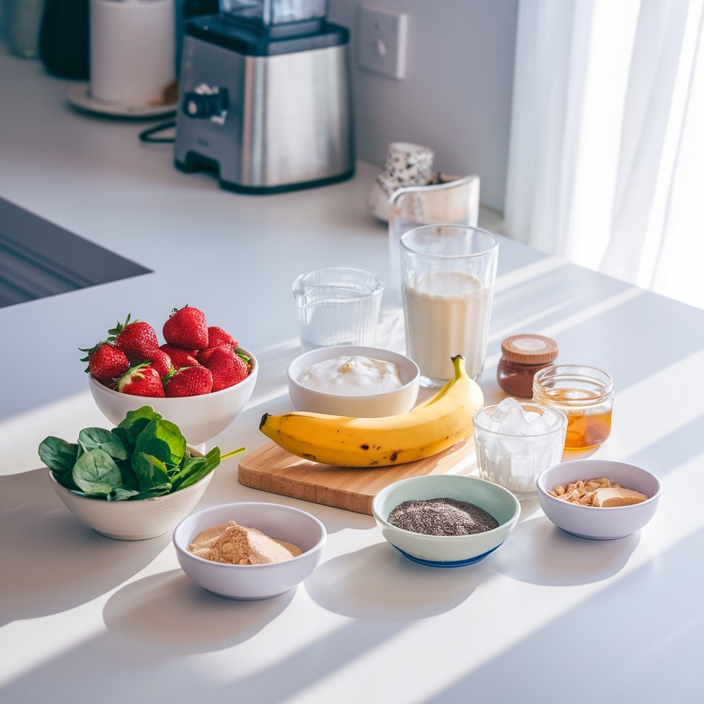 Strawberry banana smoothie topped with a drizzle of honey and a sprinkle of chia seeds