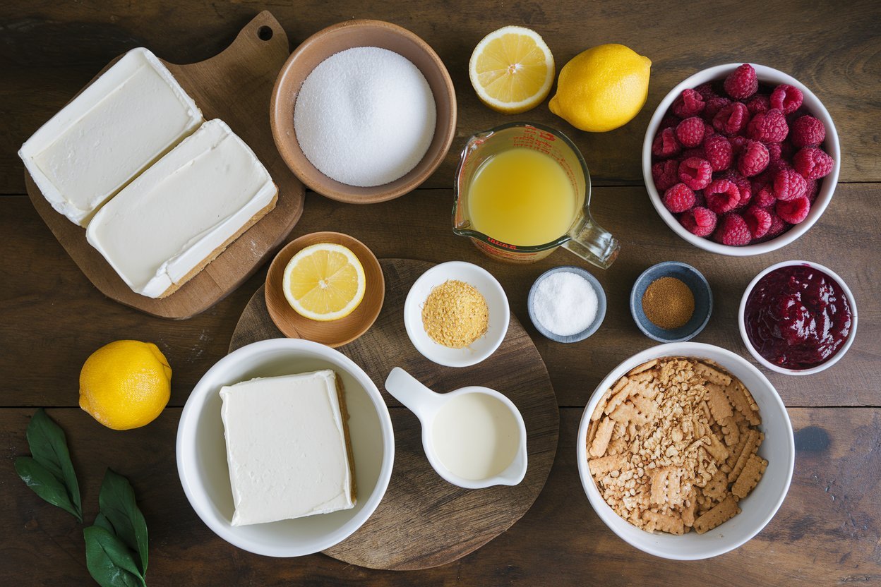 Layered lemon raspberry cheesecake topped with whipped cream and bright yellow lemon slices.