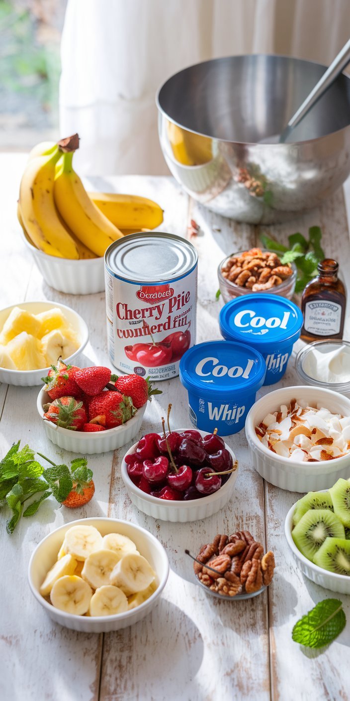 Bowl of creamy cherry pineapple cool whip salad garnished with maraschino cherries.