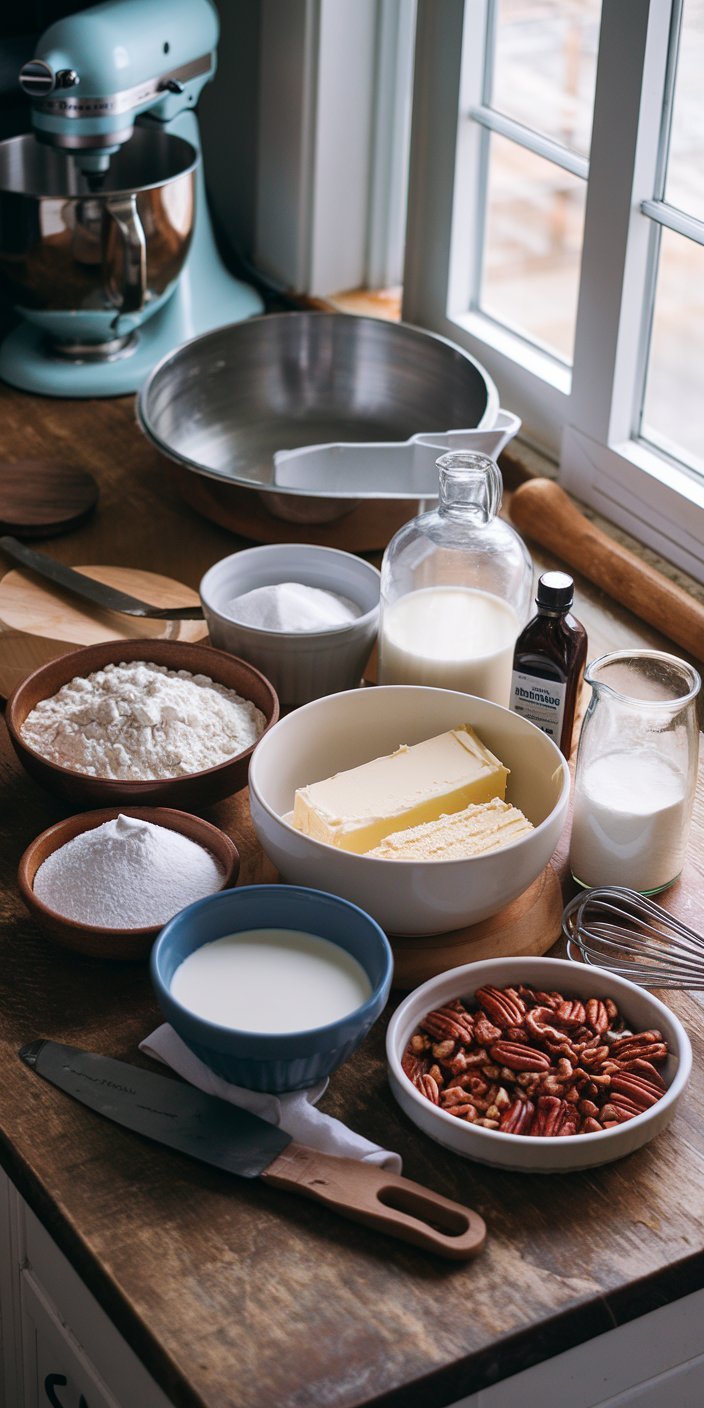 White chocolate pecan layer cake served on a festive table with elegant décor