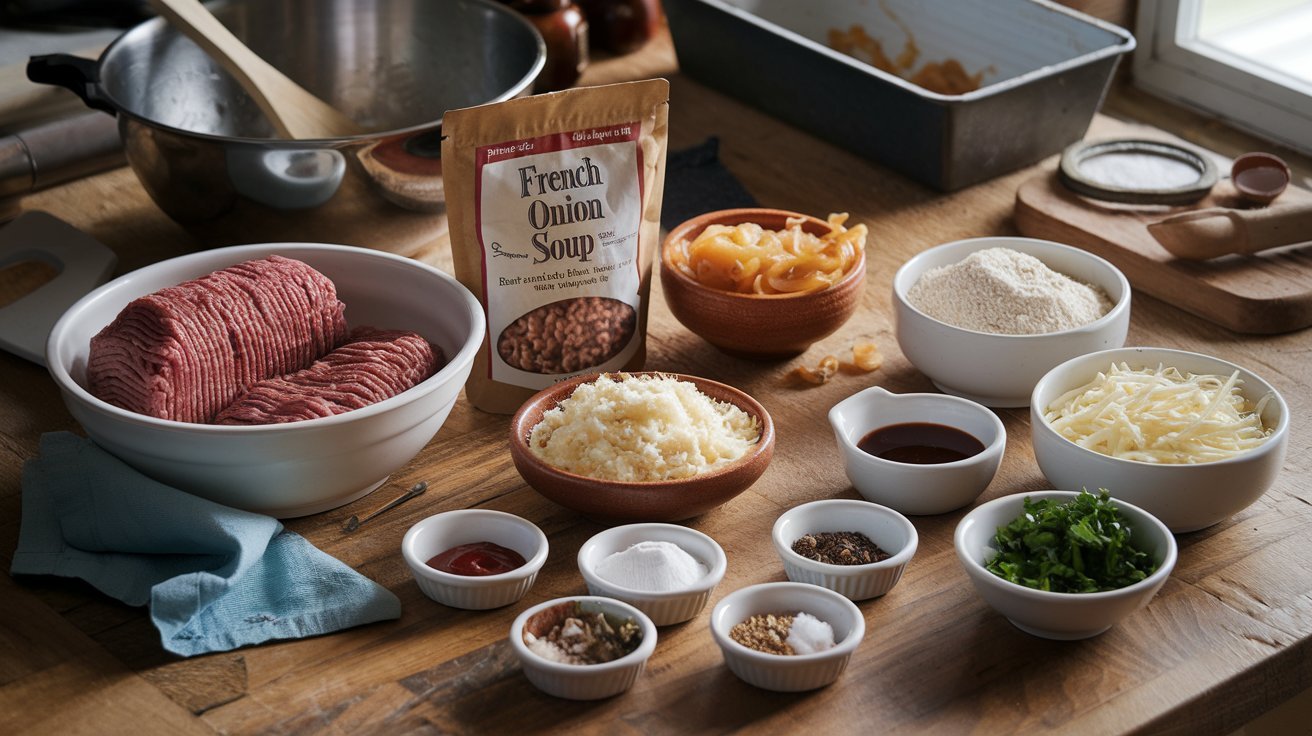 Homemade French onion soup stuffed meatloaf recipe baked to perfection with a glossy glaze.