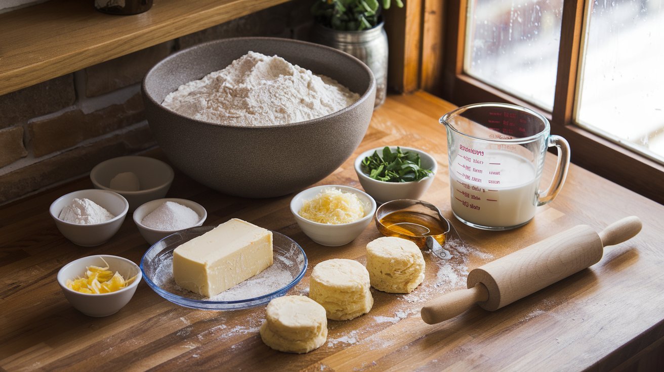 Flaky golden brown buttermilk biscuits served with a dollop of jam and whipped butter.