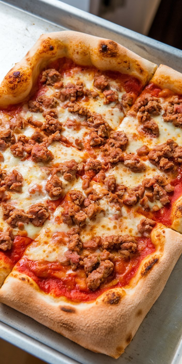 Homemade school pizza topped with fresh tomatoes, basil, and a sprinkle of oregano.
