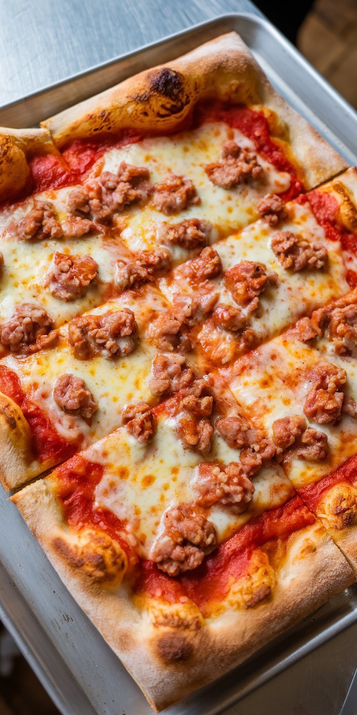 Close-up of classic school pizza featuring a golden-brown crust and generous cheese topping.