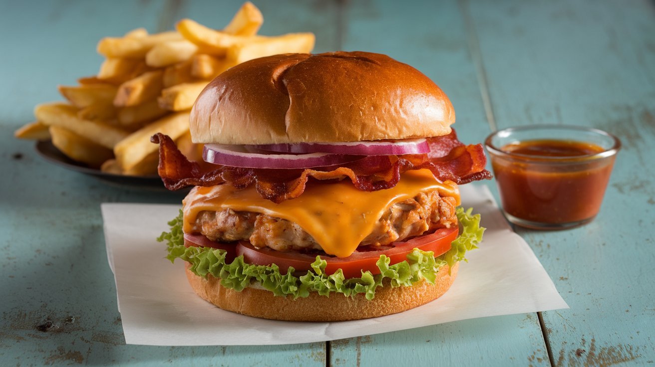 Juicy honey BBQ bacon chicken burger topped with crispy bacon and melted cheese.