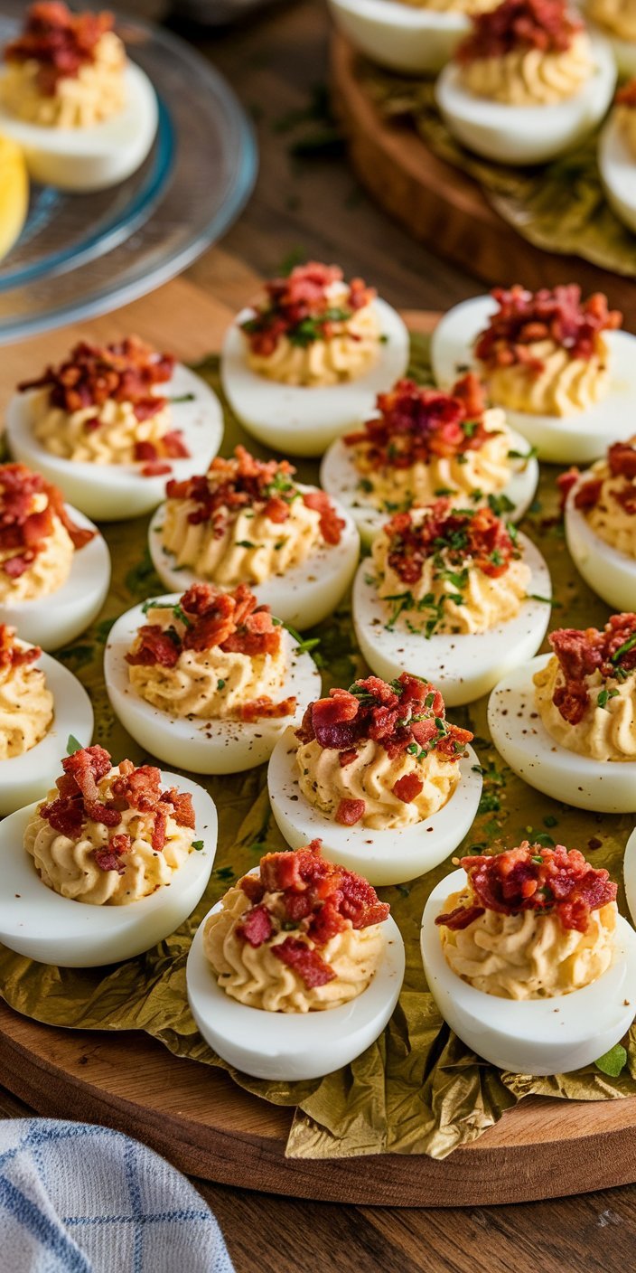 Elegant bacon deviled eggs recipe presented on a white serving tray with a sprinkle of black pepper