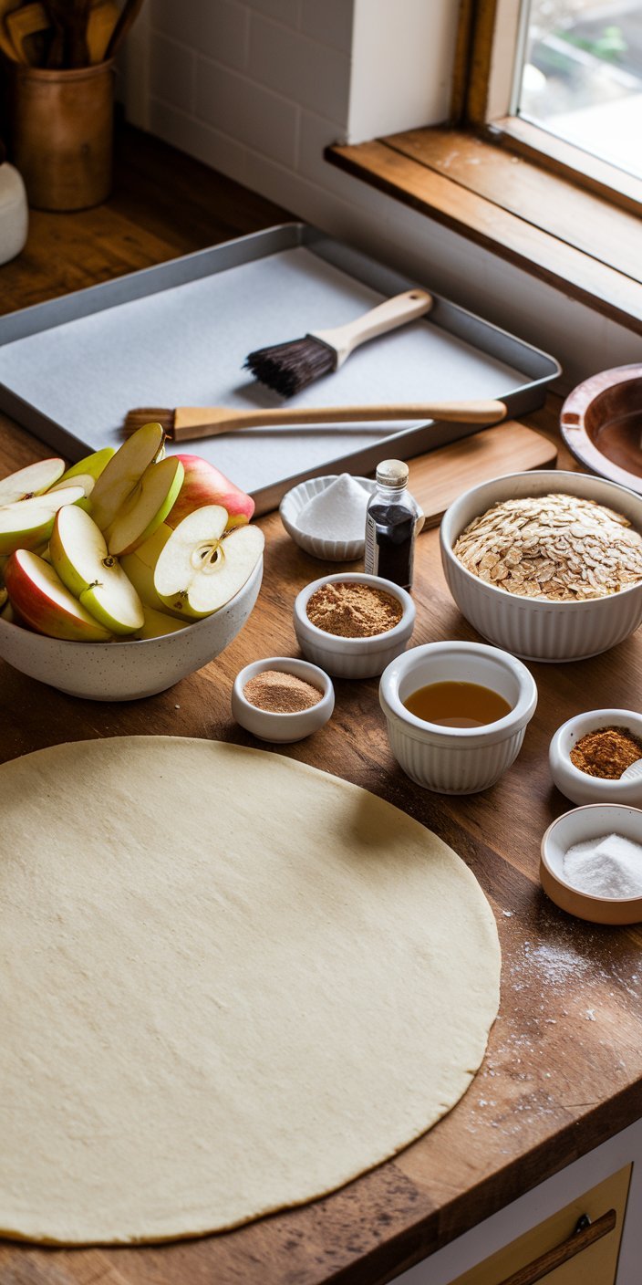 Slice of apple crisp pizza plated beautifully with a drizzle of caramel and fresh mint.