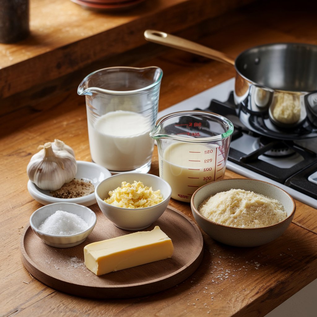 Luxurious Olive Garden Alfredo Sauce copycat topped with crispy bacon bits and fresh basil leaves.