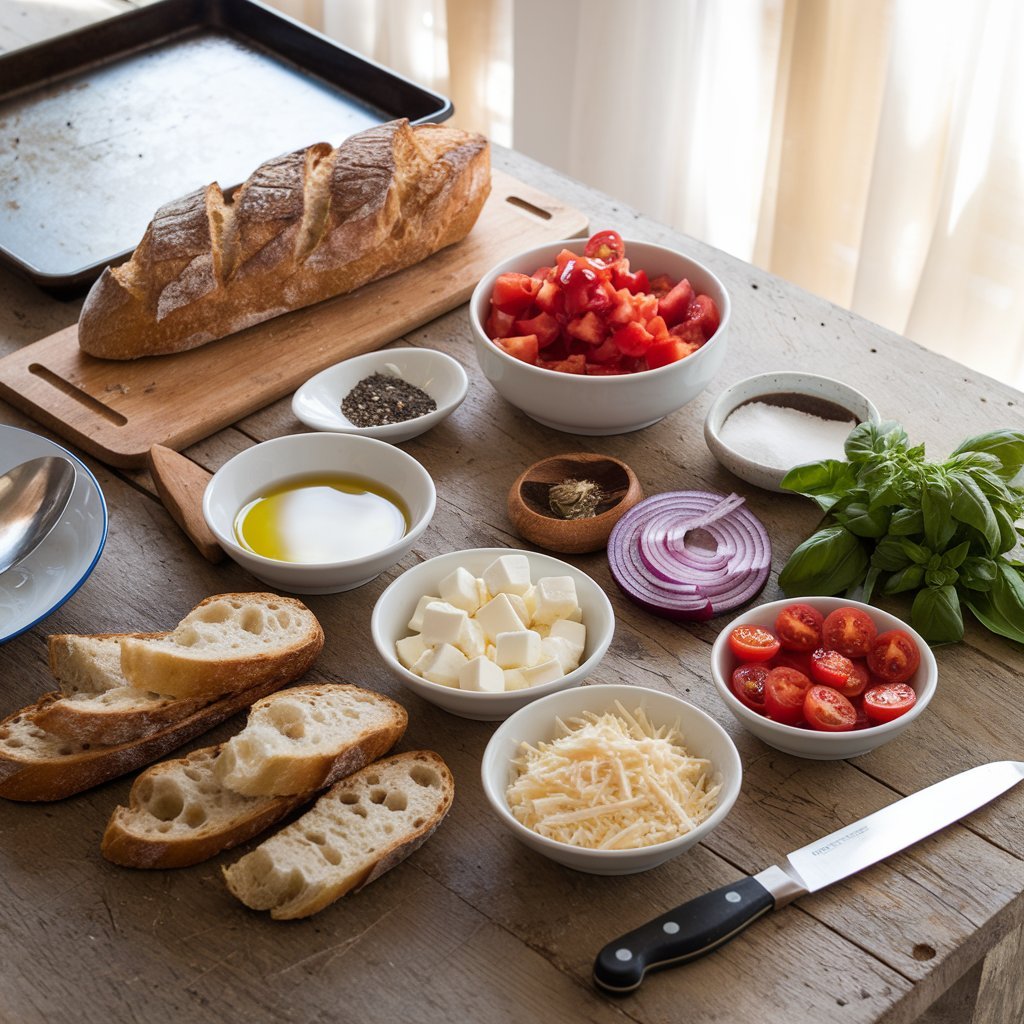 Classic Italian bruschetta recipe served with a side of mozzarella cheese and fresh basil for a complete antipasto platter.