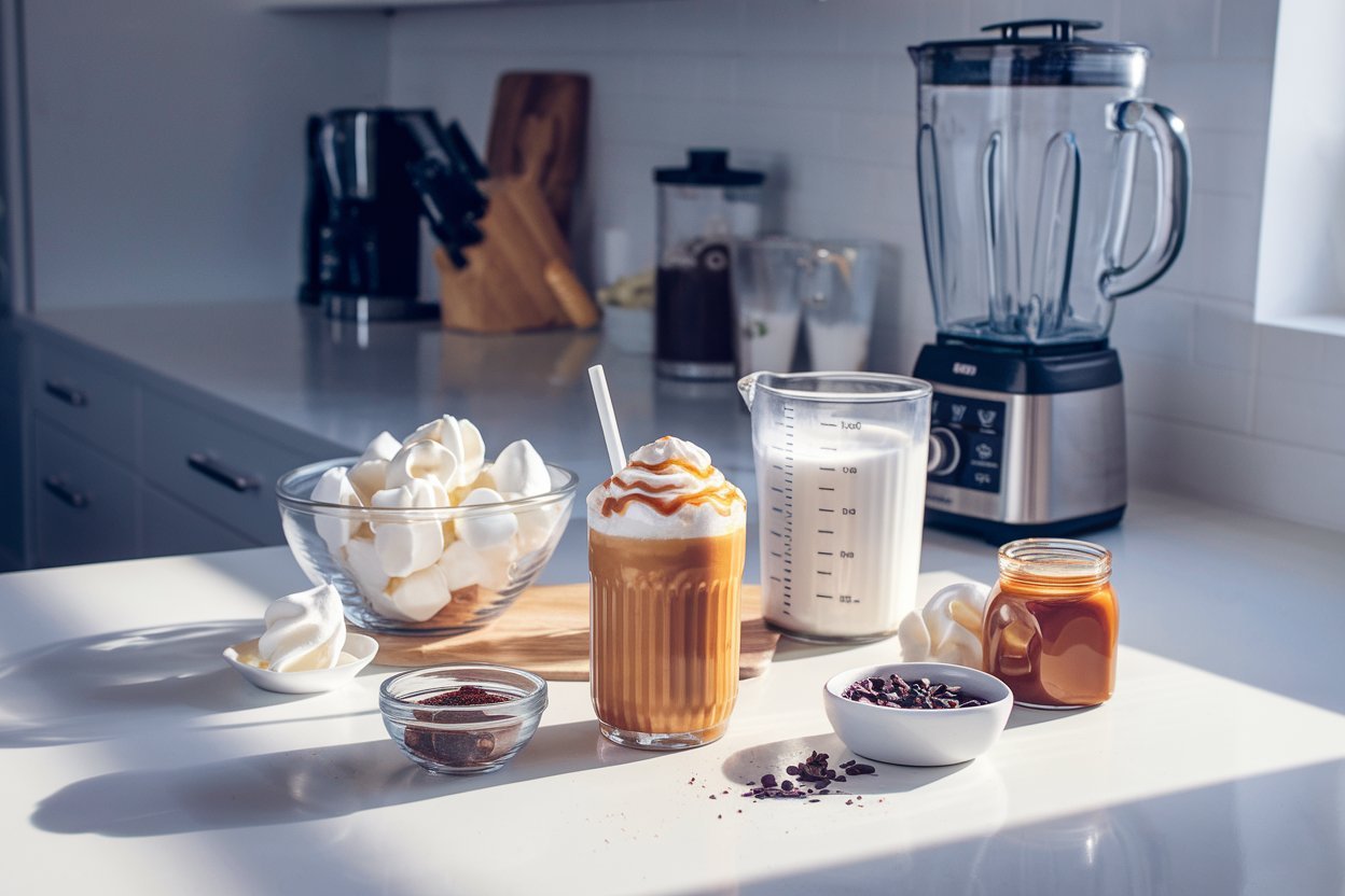Classic caramel frappuccino served in a glass jar with a swirl of whipped topping