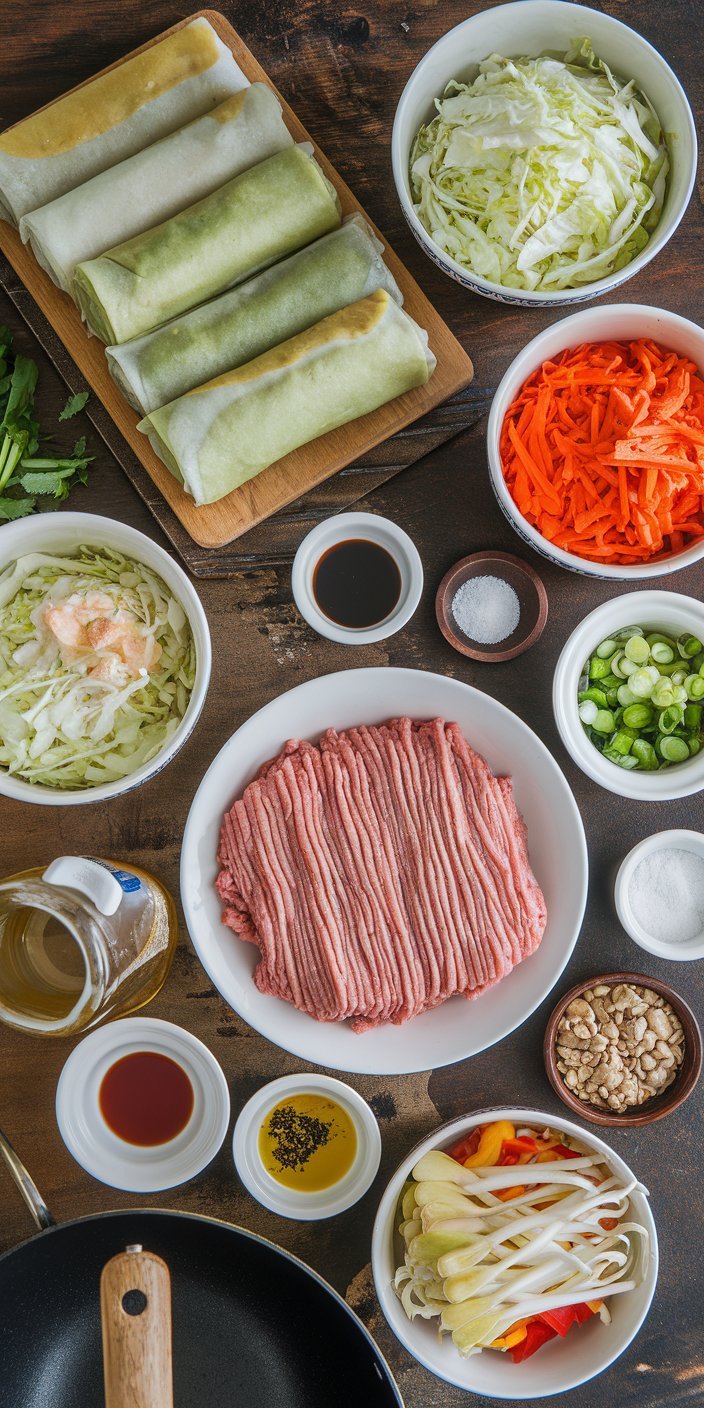 Golden brown crispy stuffed egg rolls served with a side of sweet chili sauce.