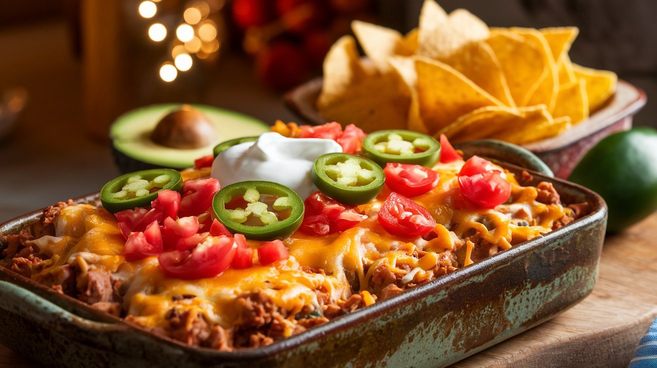 A hearty portion of Walking Taco Casserole is plated with a side of crunchy corn chips, topped with fresh avocado, diced tomatoes, and jalapeños, inviting you to dig in.