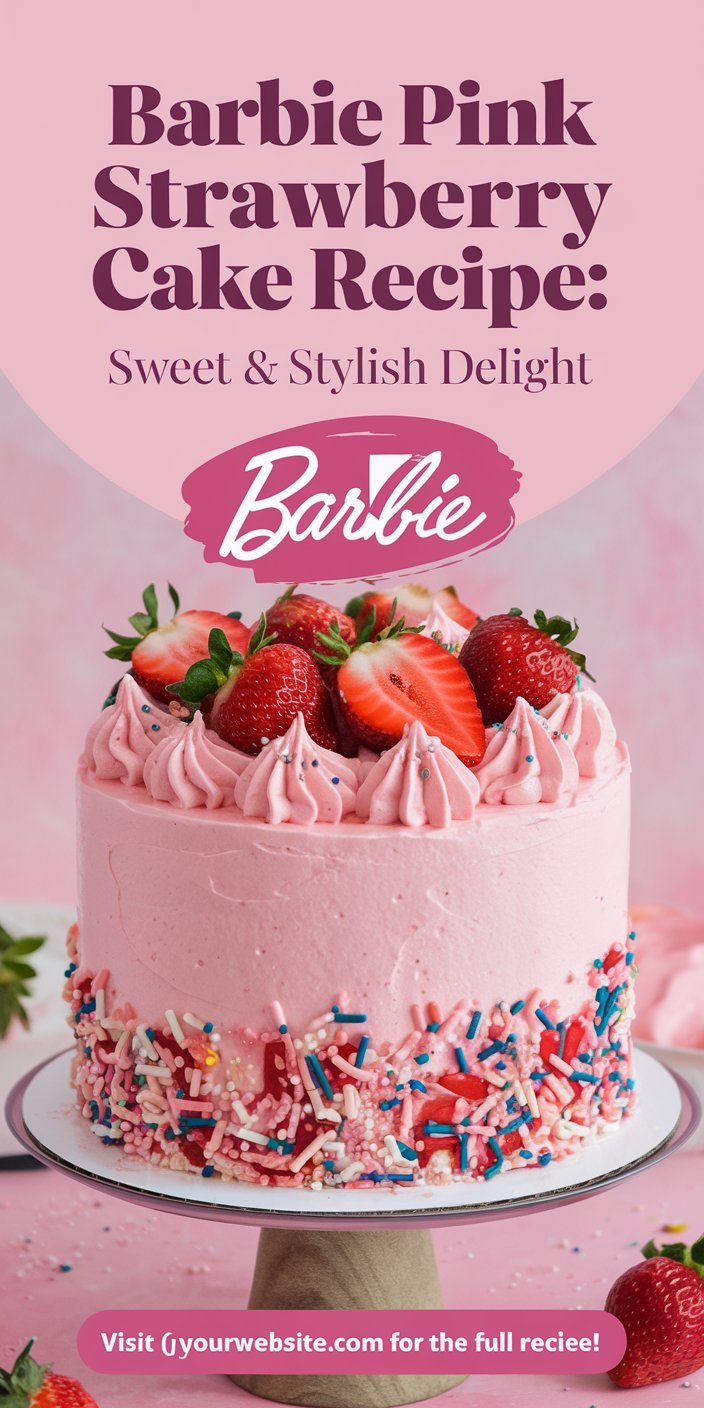 Layered Barbie pink strawberry cake topped with a drizzle of strawberry glaze