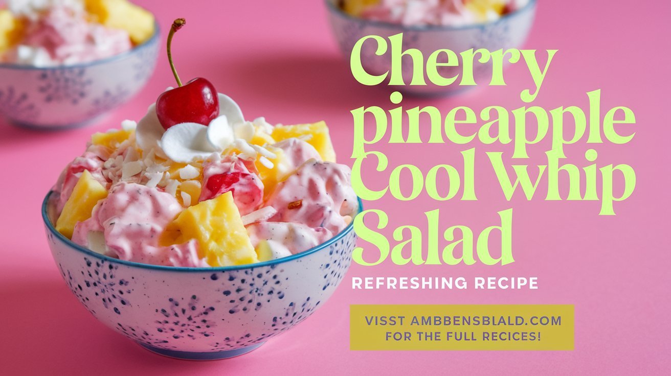 Homemade cherry pineapple cool whip salad served in a vintage glass dish.