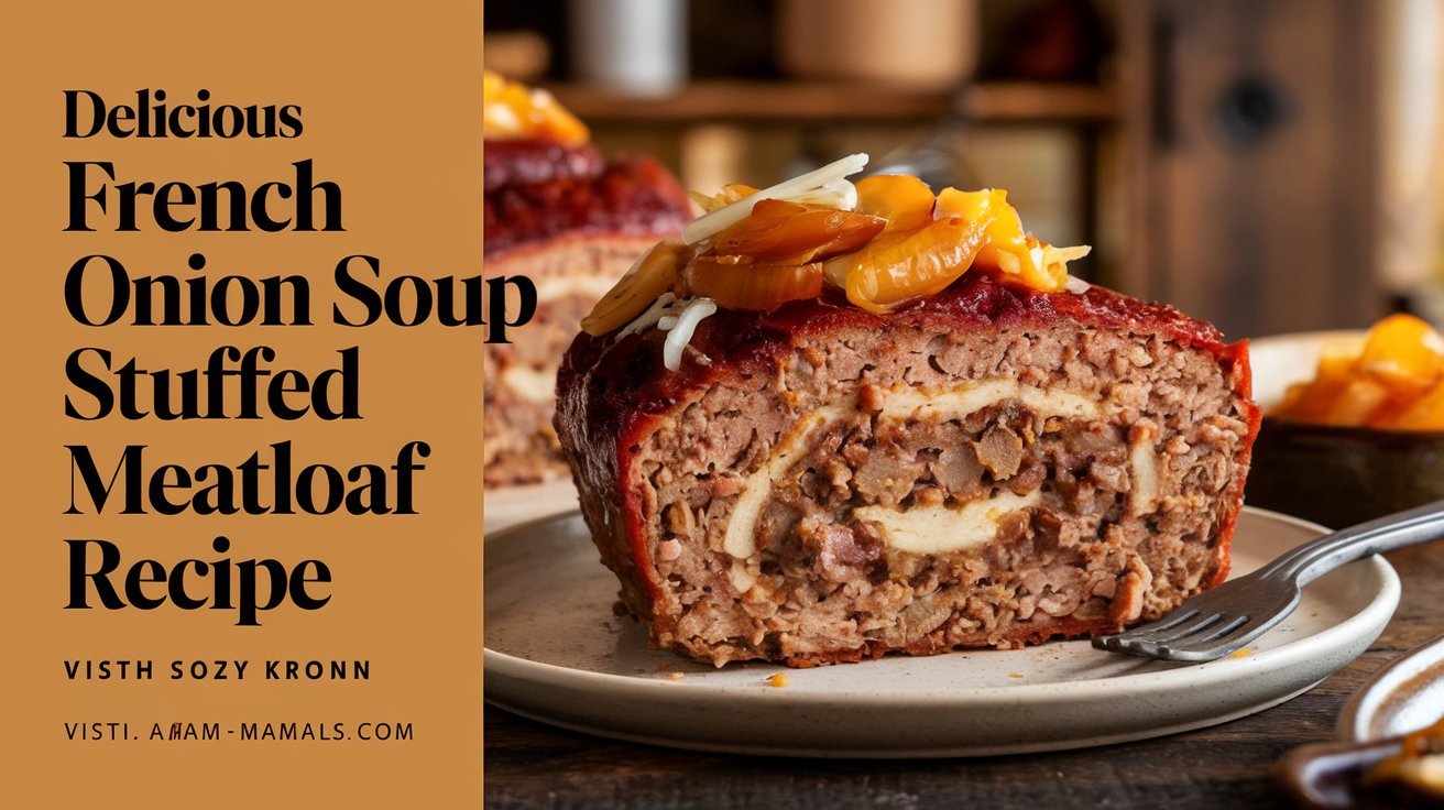 Comforting French onion soup stuffed meatloaf recipe served family-style on a wooden platter.