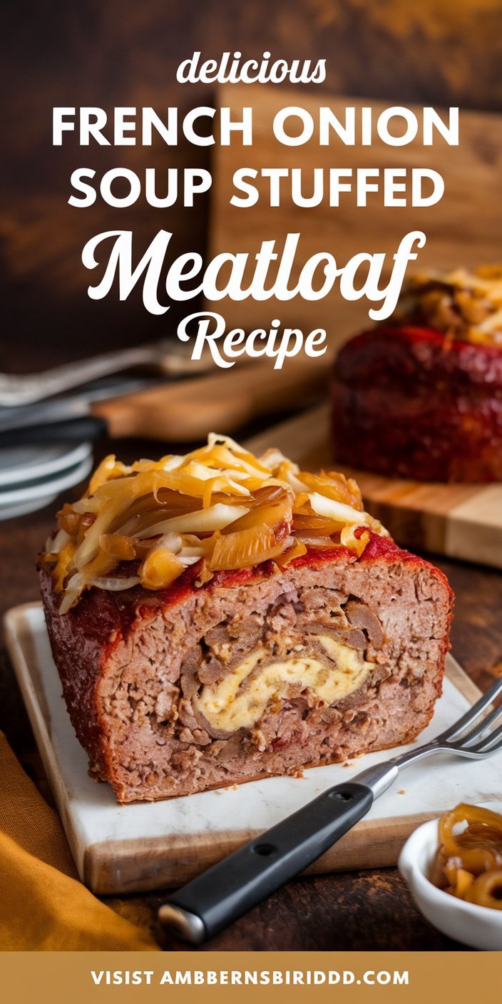 Perfectly baked French onion soup stuffed meatloaf recipe with caramelized onion topping.