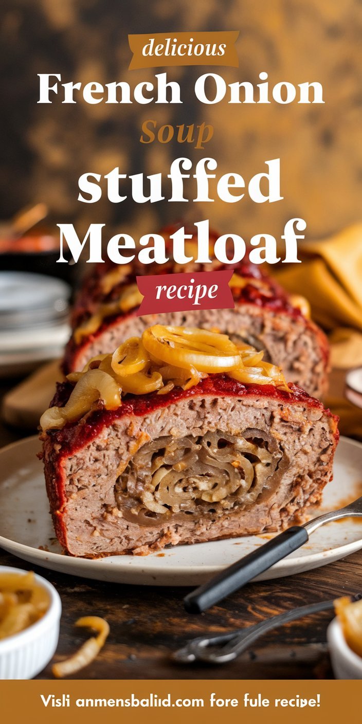 French onion soup stuffed meatloaf recipe plated with a side of roasted vegetables.