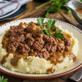 Classic ground beef and gravy over mashed potatoes, a perfect weeknight dinner.