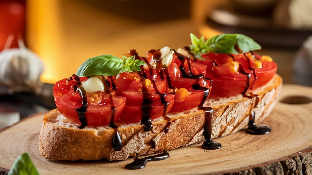 Beautifully decorated classic Italian bruschetta recipe with vibrant red tomatoes and green basil leaves on a toasted baguette base