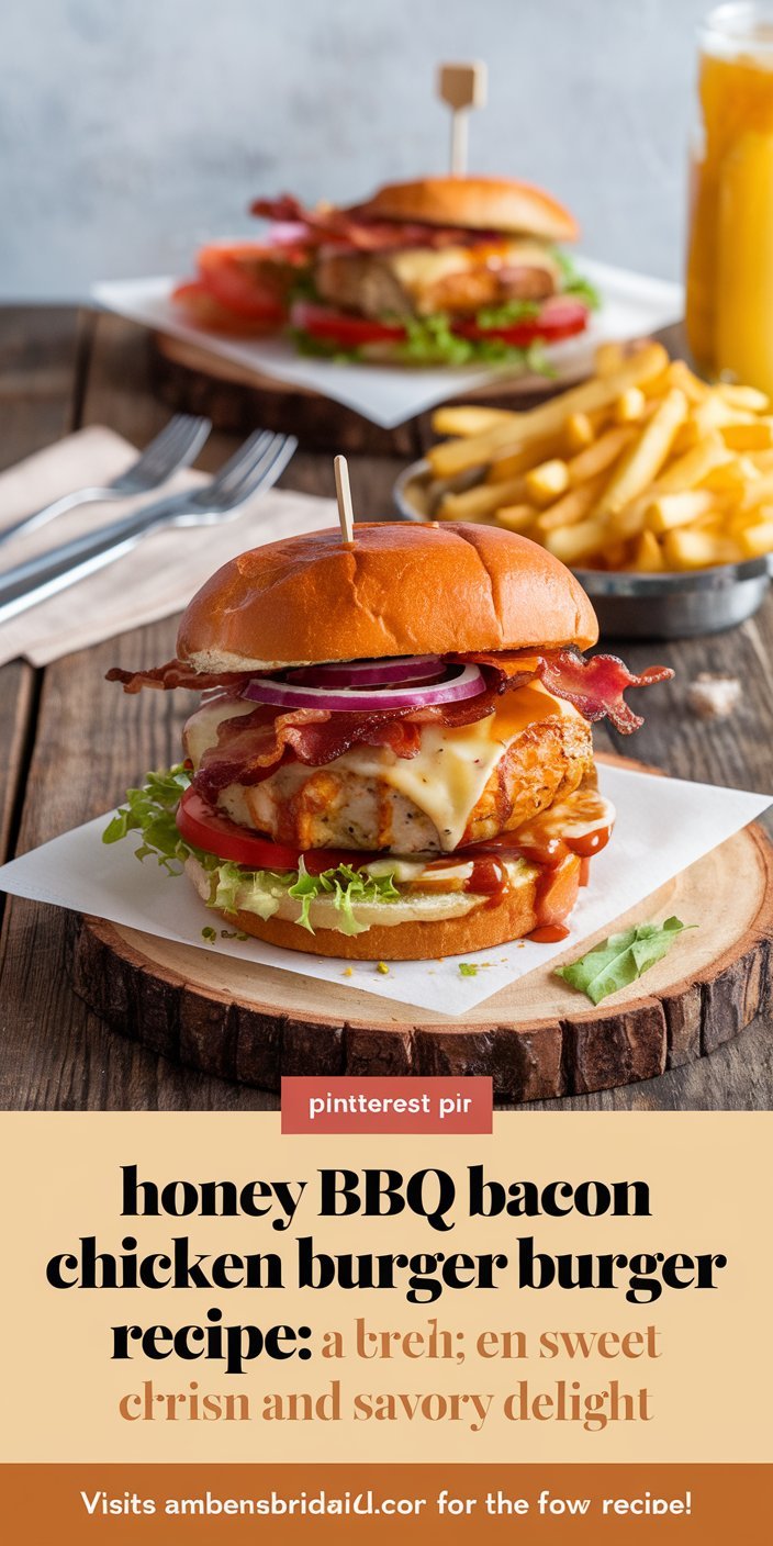 Honey BBQ bacon chicken burger dripping with sauce and served with waffle fries.