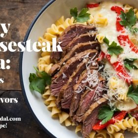 Comforting Philly Cheesesteak Pasta baked with a golden, cheesy topping.